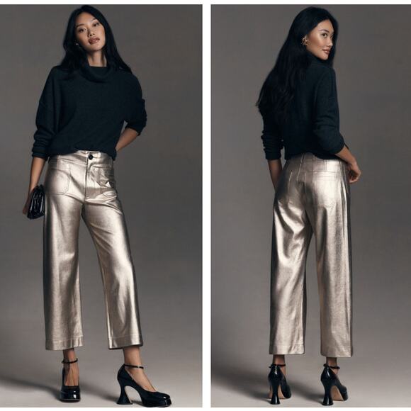 ANTHROPOLOGIE x MAEVE Colette Metallic Vegan Leather Crop Wide-Leg Pant Gold 3H8 - Picture 1 of 5